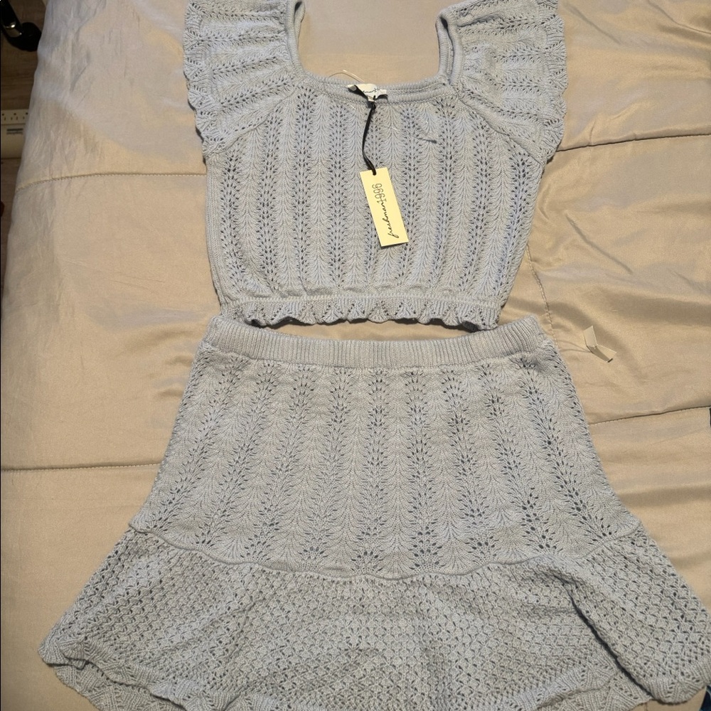 Light Blue Crochet Knit Skirt Set